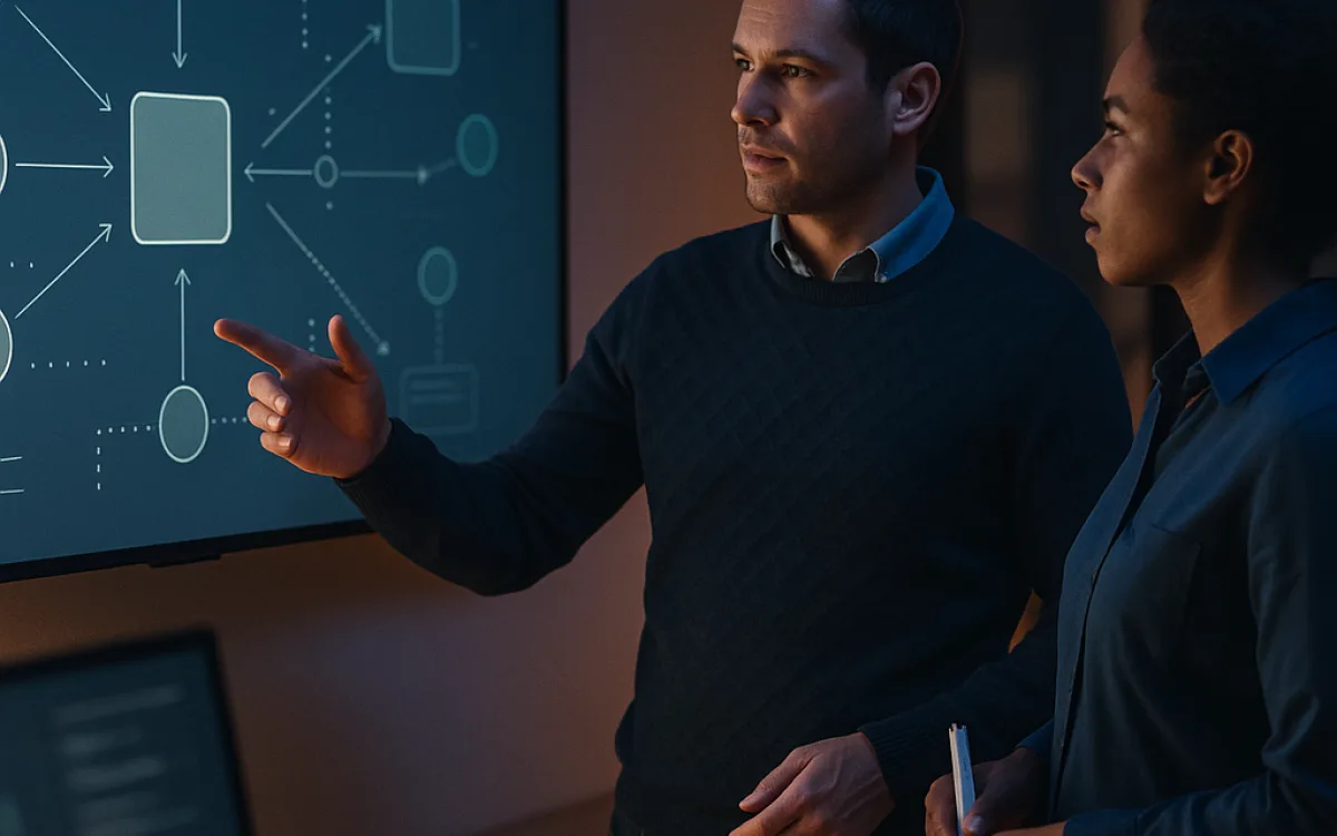 An architecture diagram on a large screen with a planner, tools and a memory store