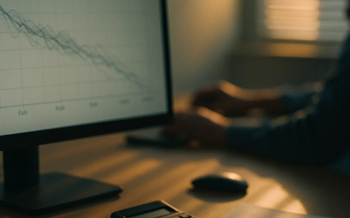 A descending line on a dashboard chart next to a calculator and notes