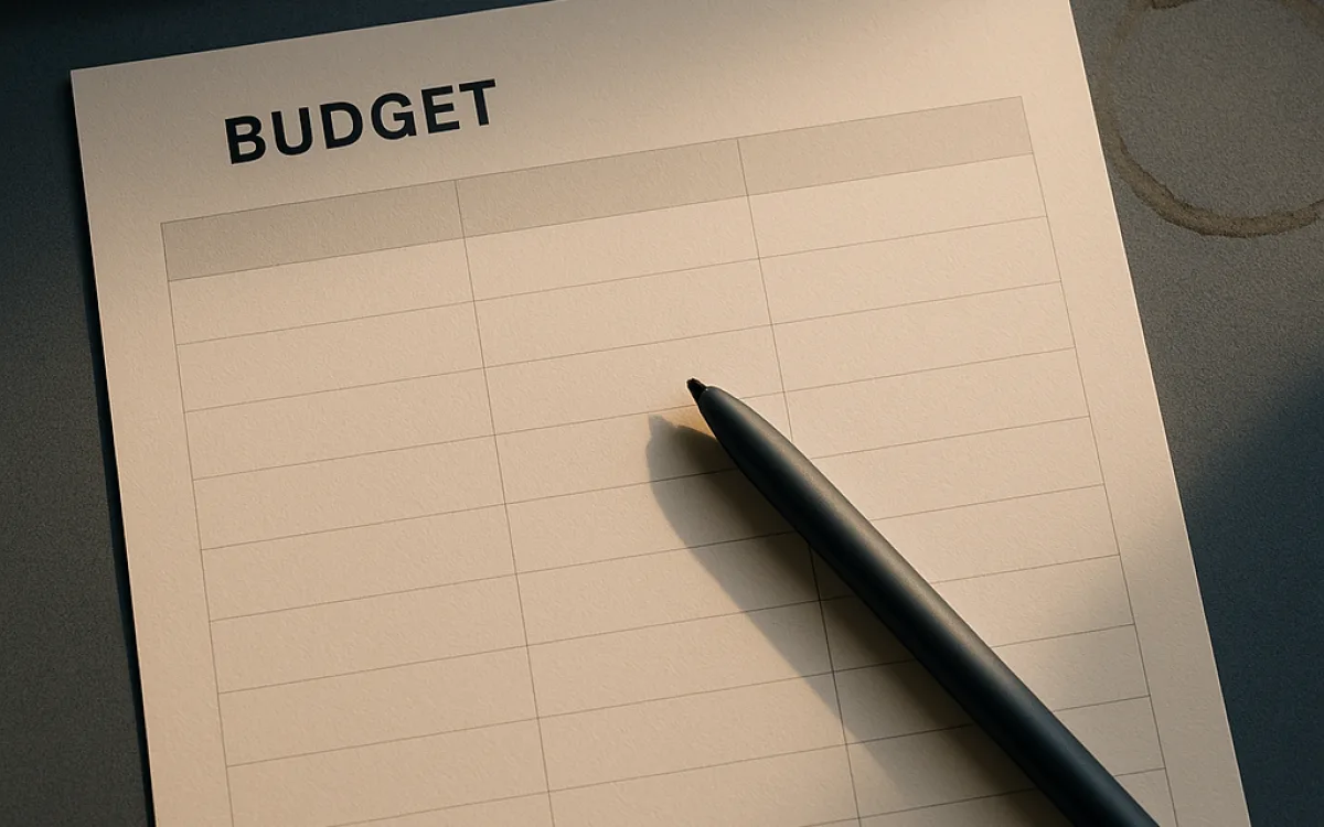 A budget breakdown on paper split into build, run and maintain columns