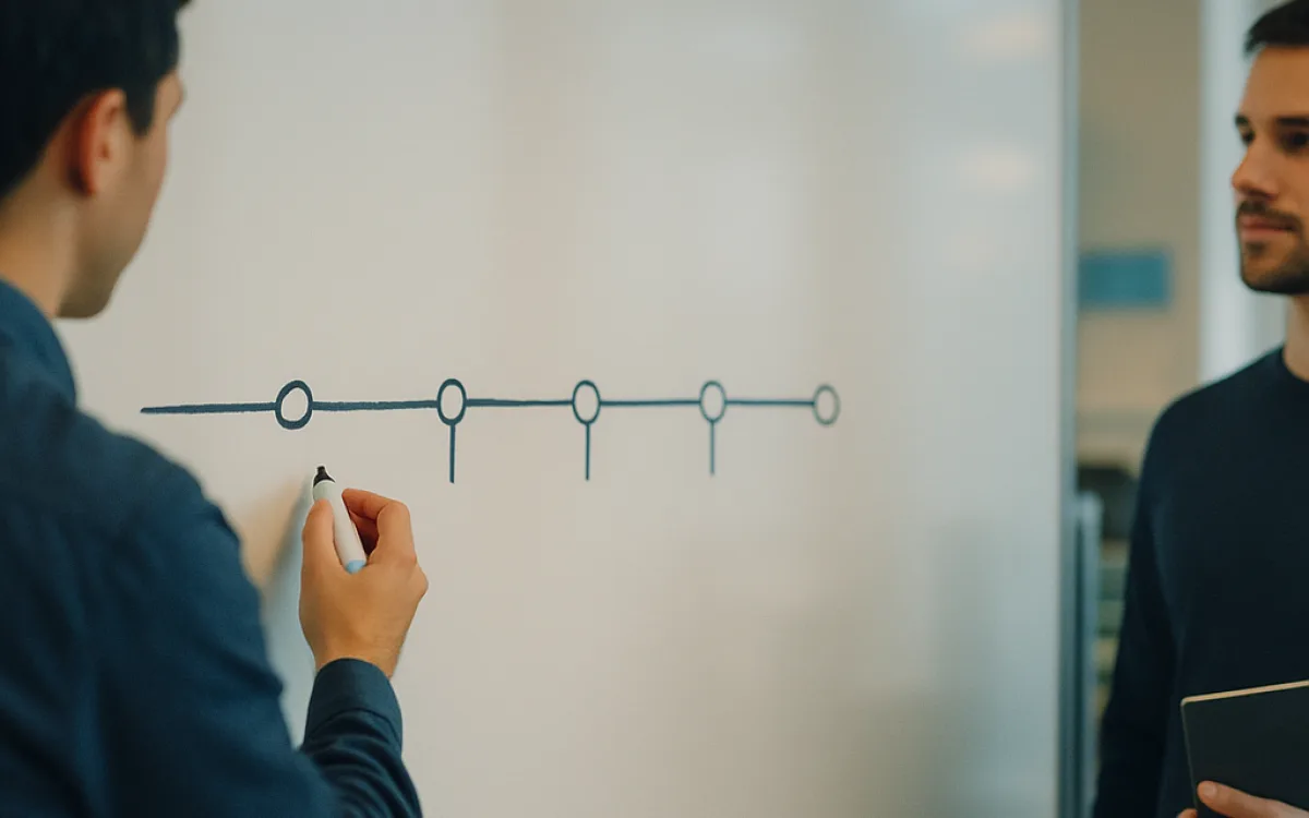 A project timeline drawn across a whiteboard in four phases with checkpoints