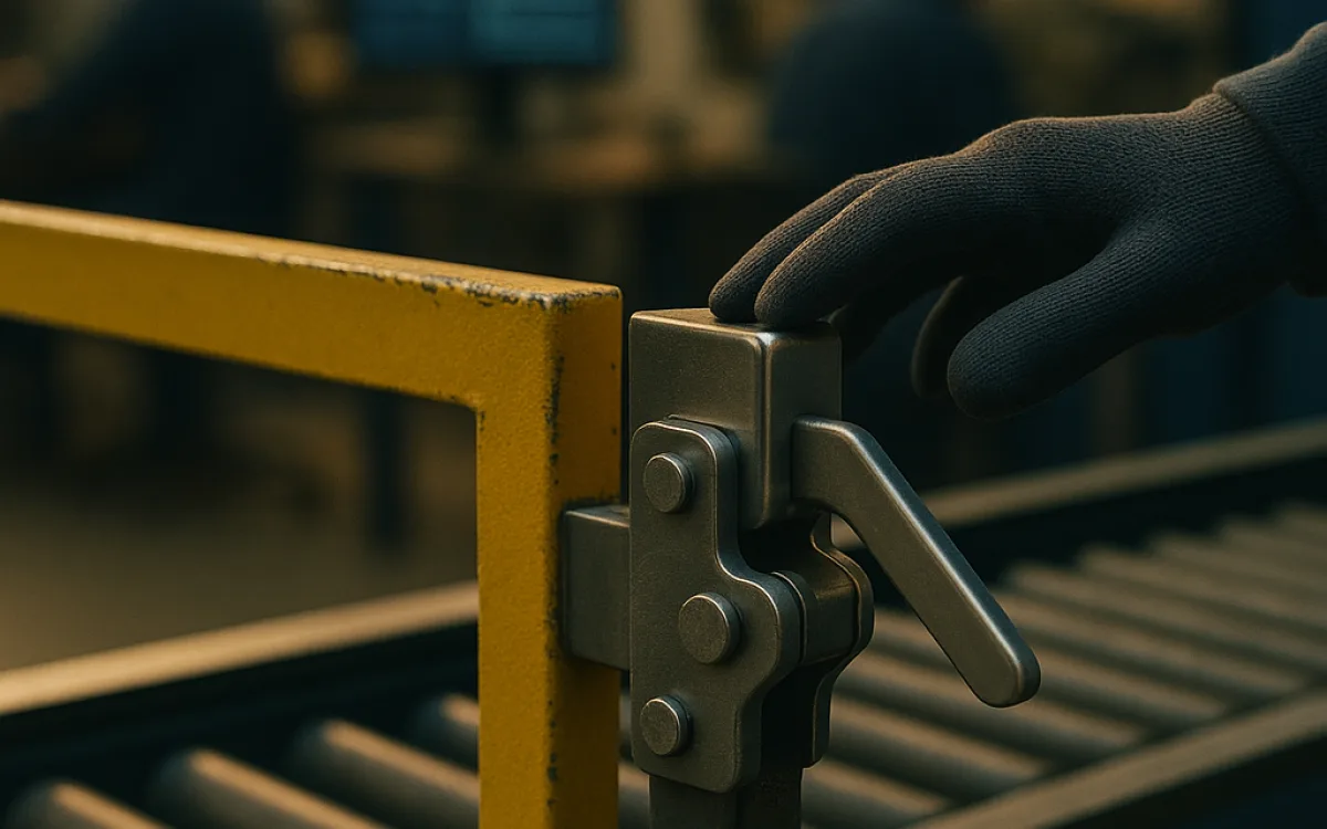 A safety gate on a factory line, with an operator's hand on the release