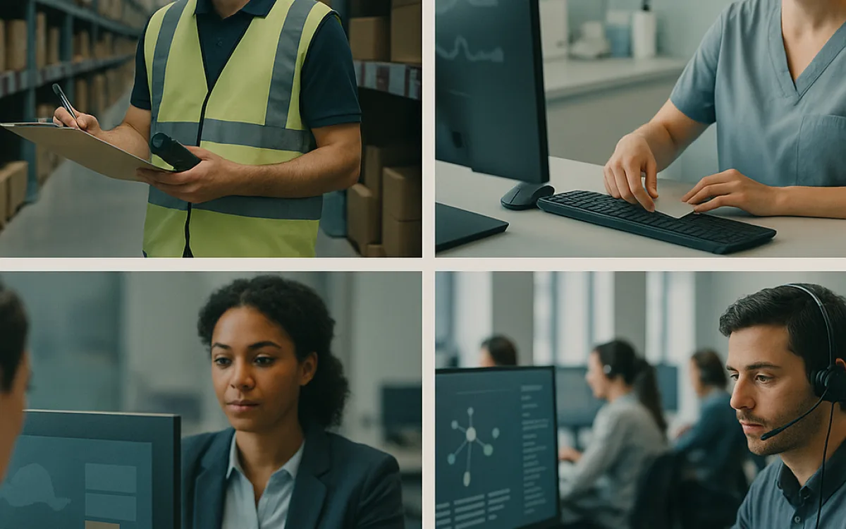 A collage of workplaces: a warehouse, a clinic desk, a bank counter and a support office