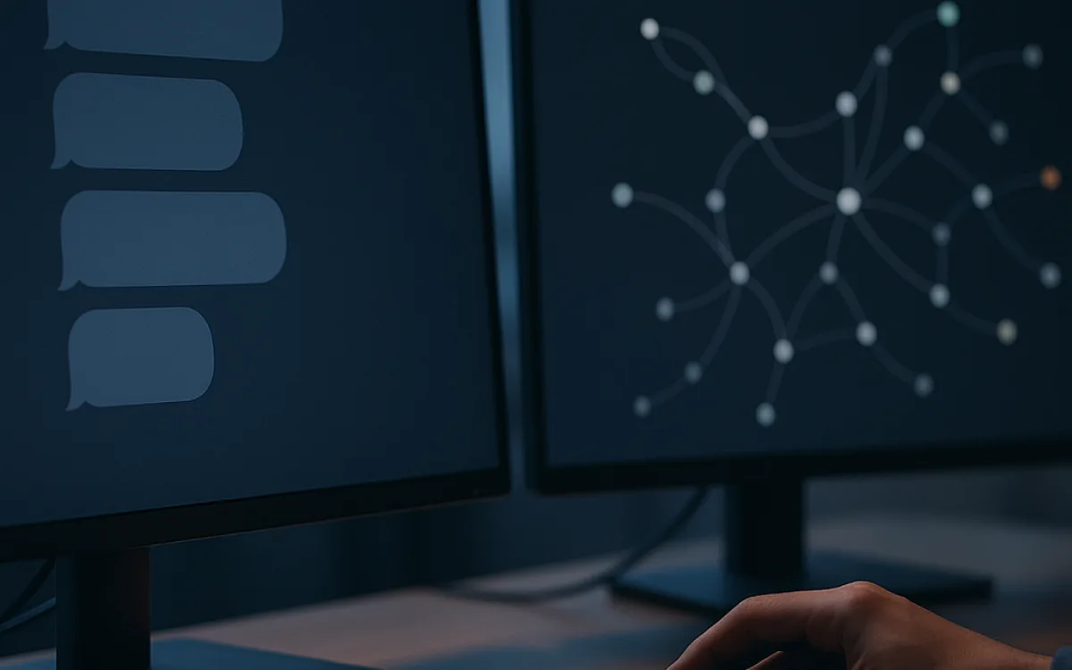 Two monitors side by side, one showing a simple chat thread and one showing a branching workflow
