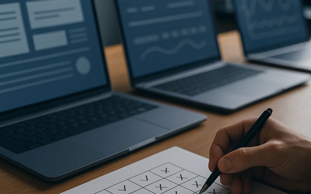 Comparison notes on a desk with three laptops open at different framework docs