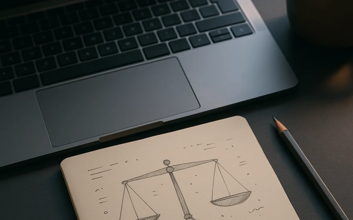 A balance scale drawn on paper weighing speed against accuracy, next to a laptop
