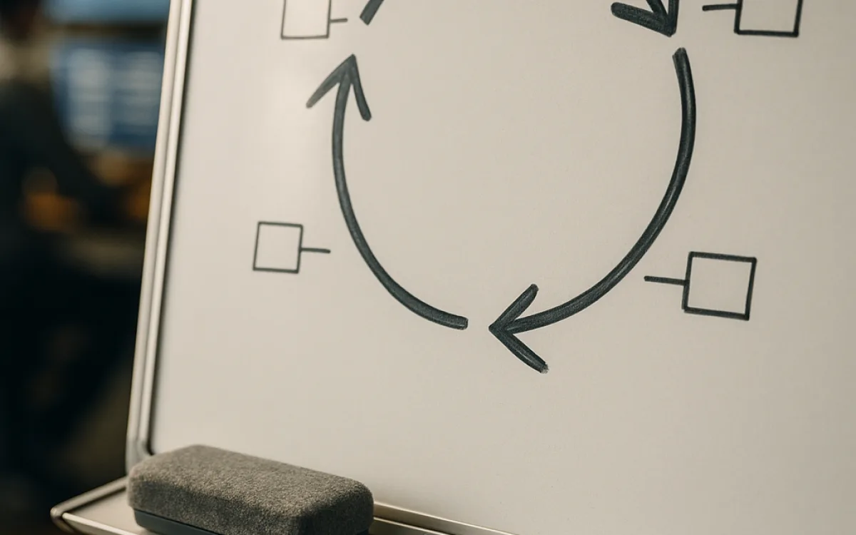 Close-up of a whiteboard with a reason-act-observe cycle and tool boxes drawn around it
