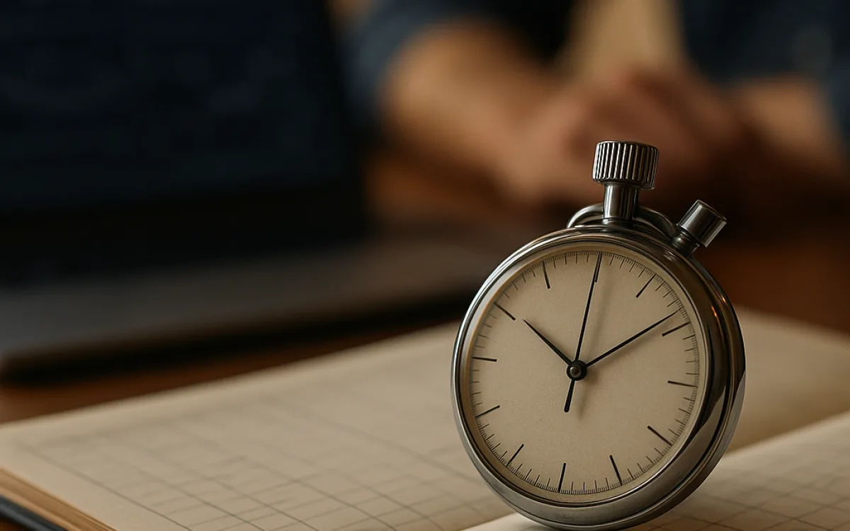 A stopwatch and a ledger on a desk, measuring time saved against cost
