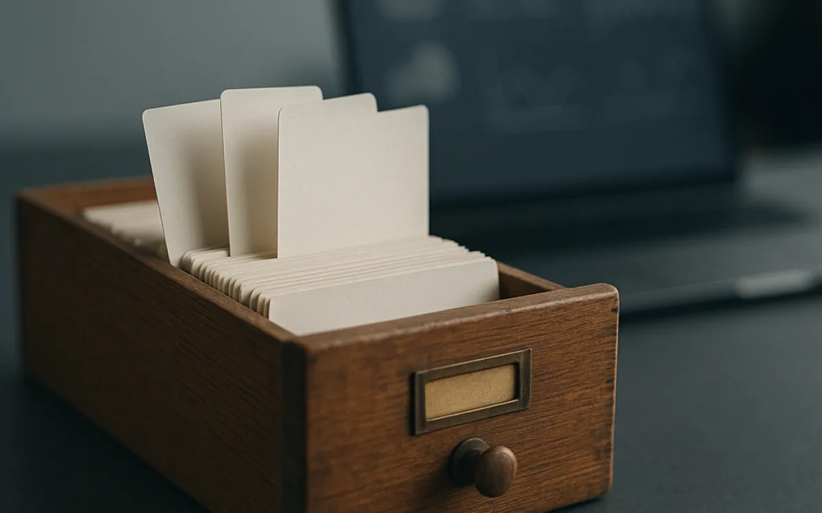 A card index drawer half open, with only a few cards pulled forward