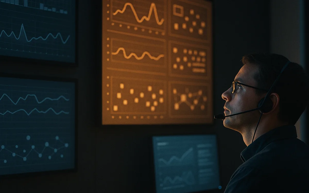 A wall of dashboards in a quiet operations room, one panel highlighted