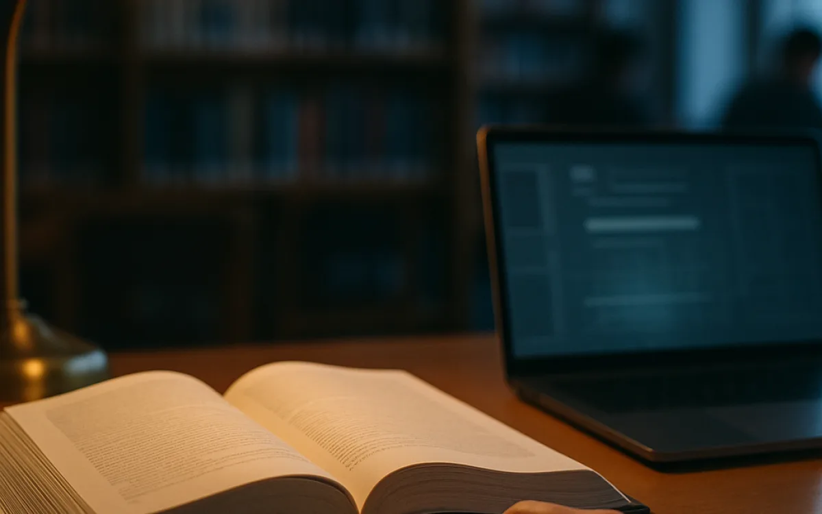 An open reference book beside a laptop, with a passage marked by a finger