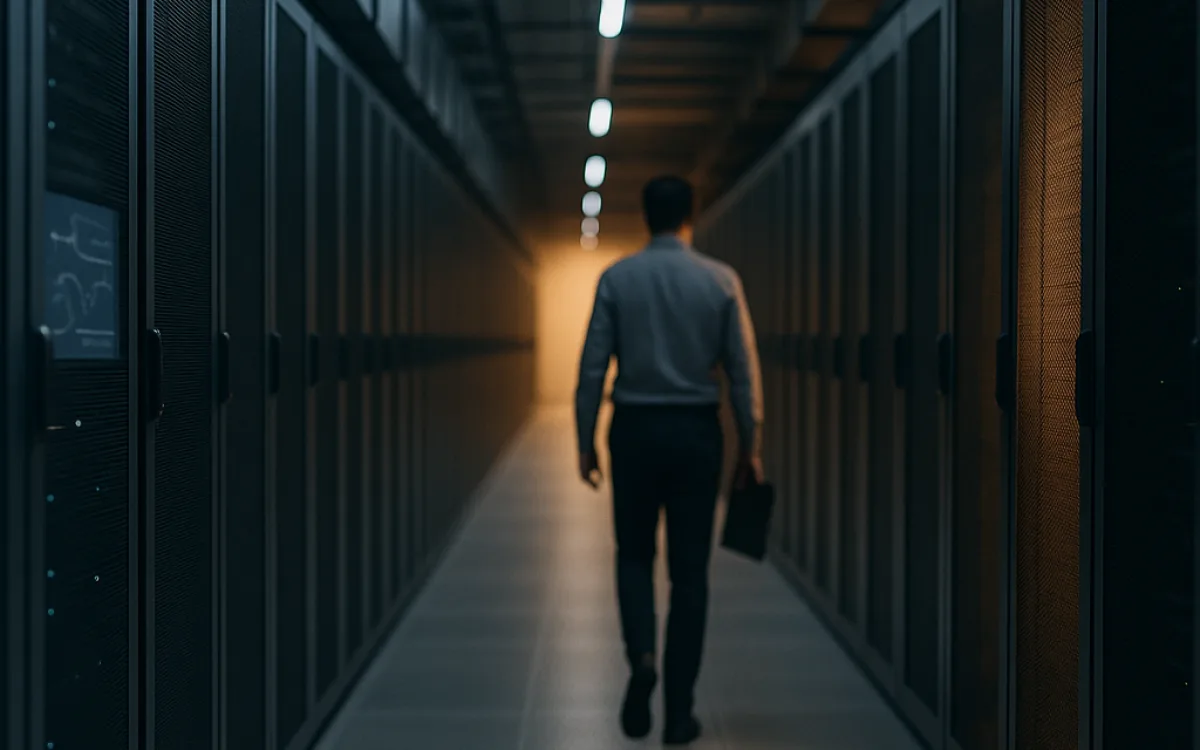 Server racks stretching away in a cool corridor, with one aisle lit