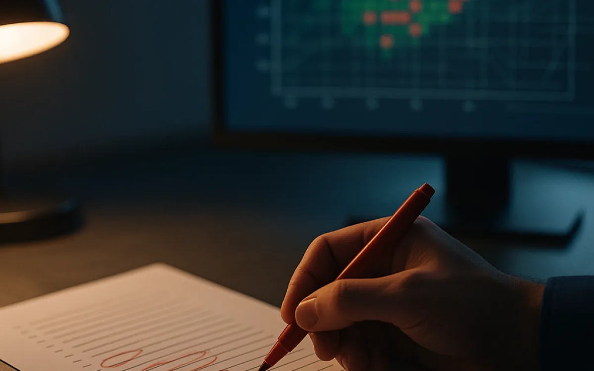 A results grid on screen with passes and failures, and a printed list of test cases