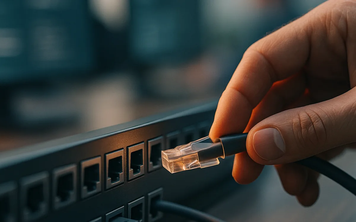 A hand connecting a labelled plug into a socket on a patch panel