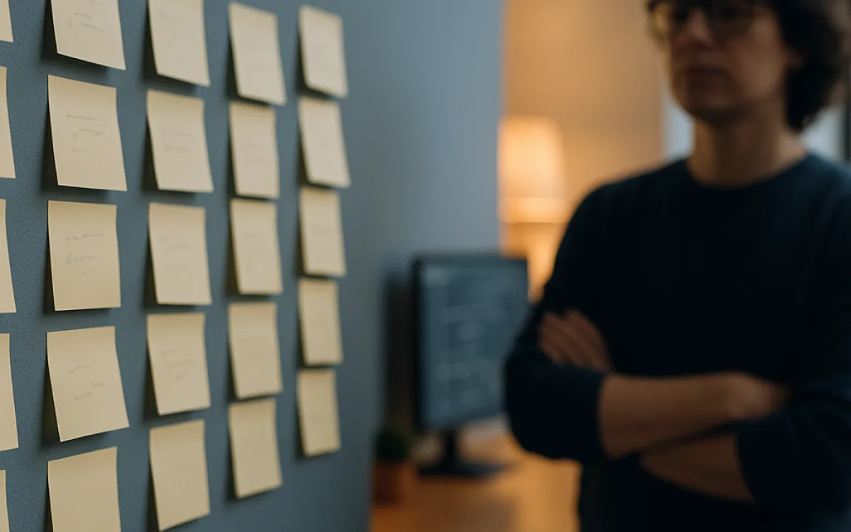 Sticky notes on a wall grouped into four columns of increasing complexity