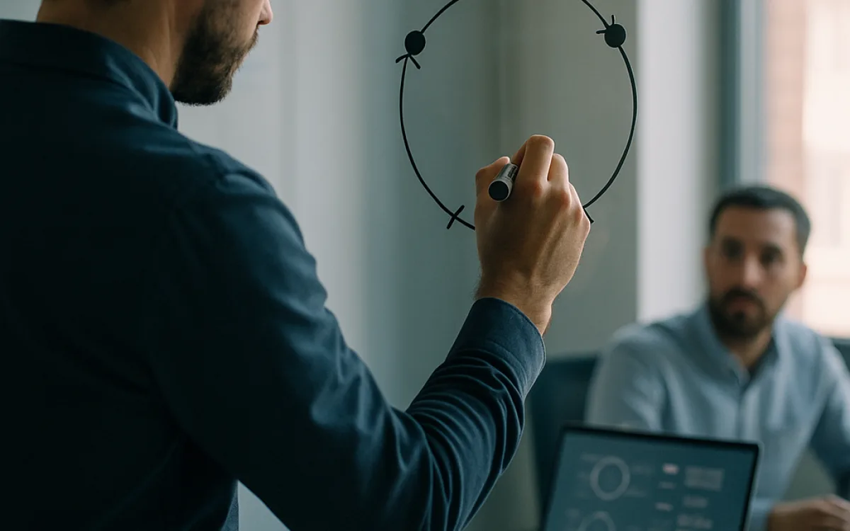 An engineer sketching a loop of decision, action and observation on a glass wall