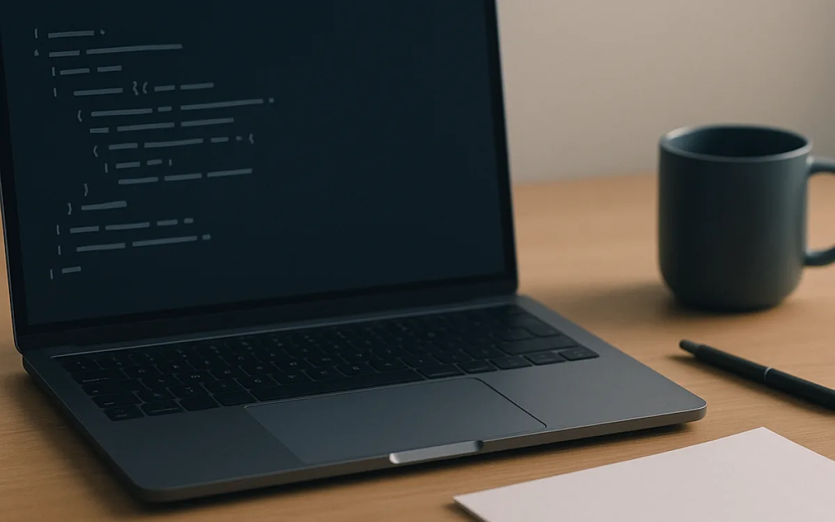 A short shell script open on a laptop next to a closed notebook, chosen over a complex diagram